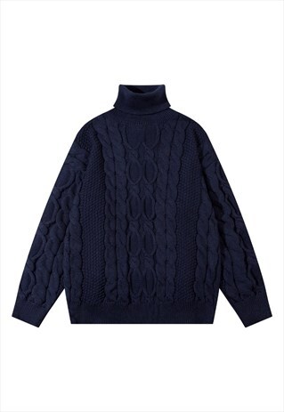 CLASSIC CABLE KNITTED TURTLENECK PREPPY EVERYDAY JUMPER BLUE