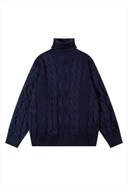 Classic cable knitted turtleneck preppy everyday jumper blue