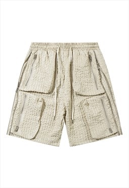 Textured utility shorts cargo pocket crop pants in cream 