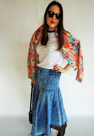 VINTAGE HIGH WAIST DENIM SKIRT SKIRTS MIDI FLORAL 90S JEANS