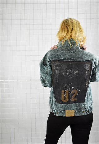 VINTAGE 80S GREEN ACID WASH TRUCKER WITH U2 BAND BACKPATCH