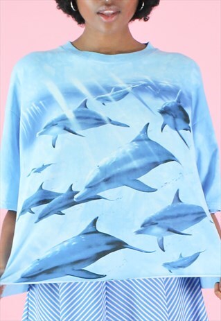 VINTAGE 90S Y2K BRIGHT BLUE REWORKED DOLPHIN PRINT T-SHIRT