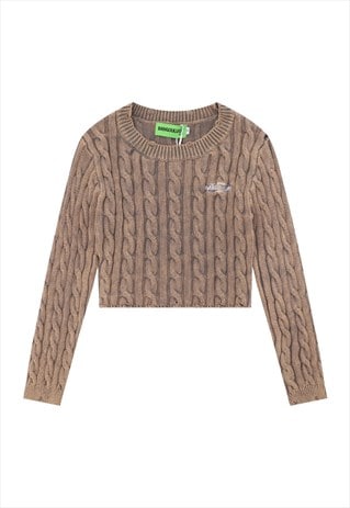 Cropped sweater bleached denim wash cable jumper in brown