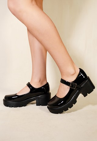 Rylee chunky platform block heel retro shoes in black patent