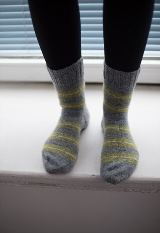 GREY STRIPED HANDMADE KNITTED WOOL SOCKS