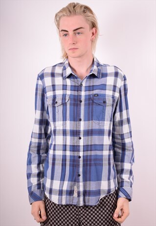 LEE MENS VINTAGE FLANNEL SHIRT LARGE BLUE CHECK 90S