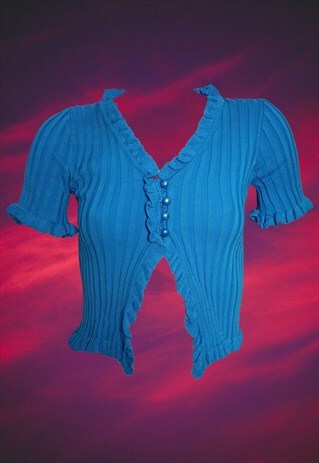 CROP RIB KNIT CARDIGAN IN BLUE