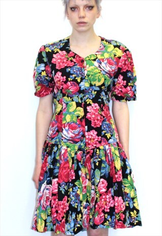 VINTAGE 80S PRINTED FLORAL DRESS COLOURFUL BOHO HOLIDAY LOOK