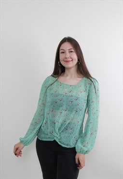 90s puff sleeves flowers blouse, vintage cute green floral 