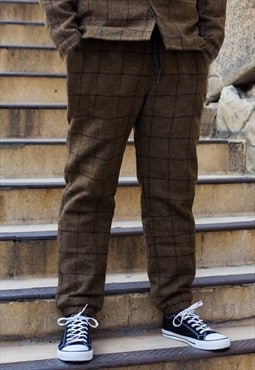 Khaki Retro Premium wool Checked fabric trousers Pants 