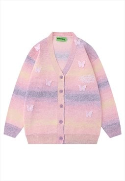 Fluffy rainbow sweater butterfly patch knitted cardigan pink
