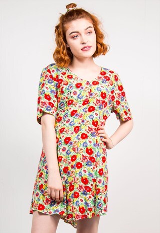 90'S VINTAGE BRIGHT MULTICOLOUR FLORAL PATTERN MINI DRESS