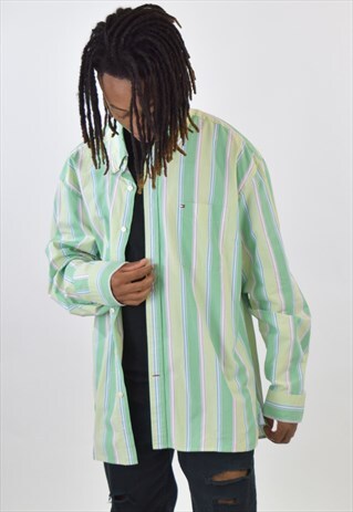 VINTAGE 90S GREEN BLUE STRIPED TOMMY HILFIGER SHIRT