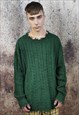 CABLE KNIT SWEATER DISTRESSED TOP RIPPED JUMPER IN GREEN