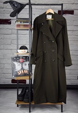 80s Vintage Halloween Khaki Green Long Wool Belted Overcoat