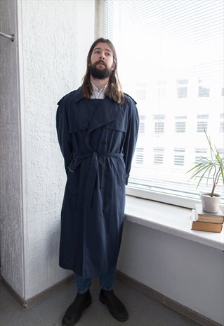VINTAGE 70'S NAVY BELTED DOUBLE BREASTED TRENCH COAT