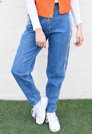 VINTAGE HIGH WAISTED STONE WASH JEANS WITH FLORAL PATTERN