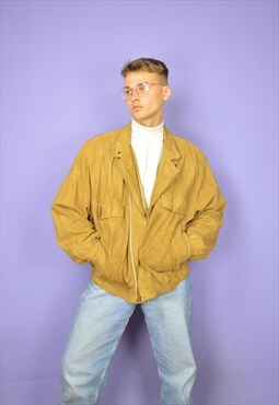 Vintage gold colour classic suede leather bomber jacket