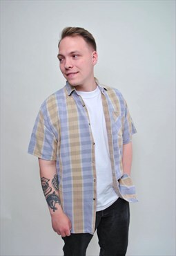Plaid Men Shirt summer vintage 80's casual street shirt 