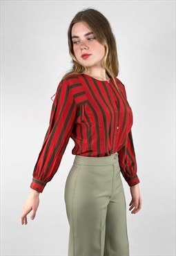 70's Red Long Sleeves Green Stripe Ladies Vintage Blouse