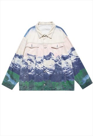 LANDSCAPE DENIM JACKET MOUNTAIN PRINT JEAN BOMBER IN BLUE