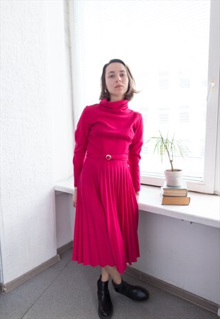 VINTAGE 70'S MAGENTA PINK MIDI PLEATED HIGH COLLAR DRESS