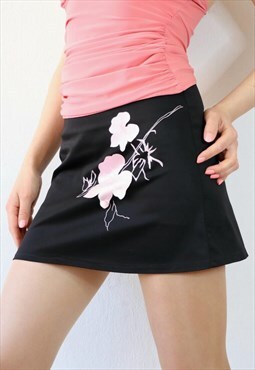 90s Mini Skirt A-line Short Black Vintage Floral Skirt S