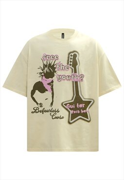 Guitar t-shirt punk print tee youth skogan top in cream 