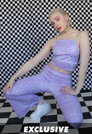SNAKESKIN FLARES CO-ORD IN PURPLE