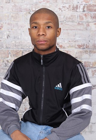 VINTAGE ADIDAS BIG LOGO THREE STRIPE TRACK JACKET BLACK GREY
