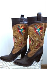 Vintage Brown Genuine Leather Cowboy Western Boots Shoes