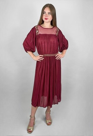 70's Vintage Maroon Pleated Gold Sequin Ladies Midi Dress