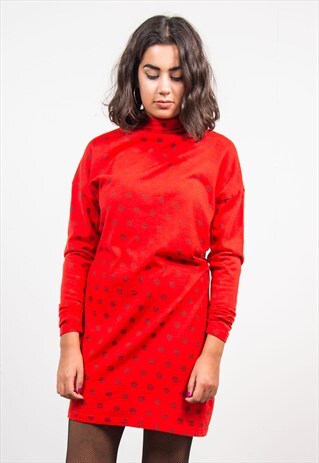 VINTAGE 80'S RED POLKA DOT LONG SLEEVE MINI DRESS