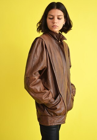 80'S RETRO BROWN REAL LEATHER OVERSIZED MOM'S JACKET COAT