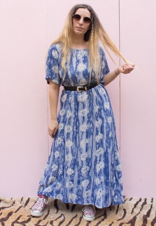VINTAGE 90'S MAXI BLUE TIE DYE SUNFLOWER DRESS