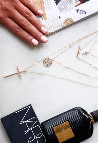 GOLD RELIGIOUS DIAMANTE CROSS ICON AMEN MULTI LAYER NECKLACE