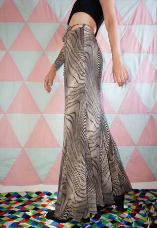 VINTAGE 90S BROWN SWIRLY ABSTRACT PATTERN MAXI SKIRT