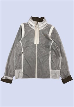 White Taupe Grid Check Full Zip Packable Hood Jacket