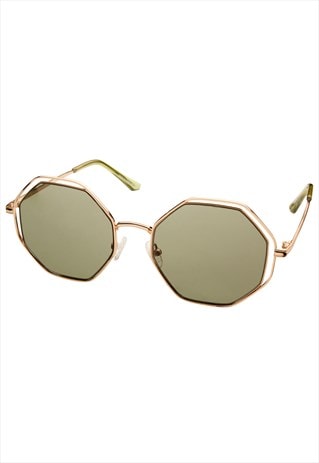 Hippie Hexagon Sunglasses in Gold with Olive Green lenses