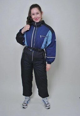 Black one piece ski suit, retro women blue full snow suit