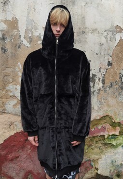 Long fleece coat faux fur hooded bomber long trench in black