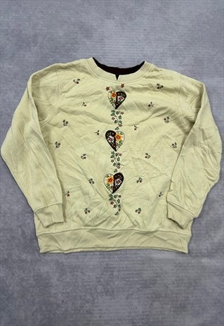 VINTAGE SWEATSHIRT EMBROIDERED HEART FLOWER PATTERNED JUMPER