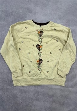 Vintage Sweatshirt Embroidered Heart Flower Patterned Jumper
