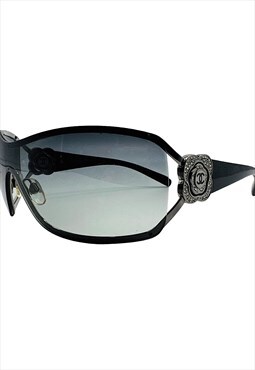 Chanel Sunglasses Shield Rimless Oversized Camellia Crystal