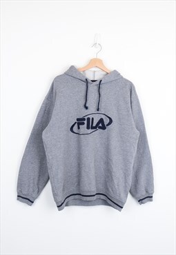 Vintage Fila Embroidered Spellout Logo Hoodie in Grey