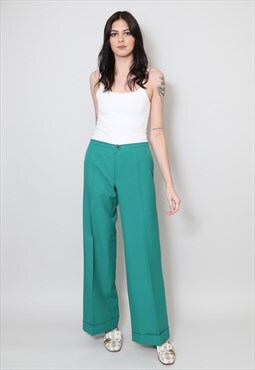70's Vintage Ladies Green Flared Bell Bottom Trousers