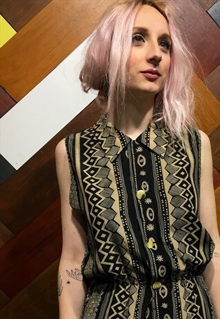 VINTAGE BEIGE AND BLACK TRIBAL PRINT BLOUSE