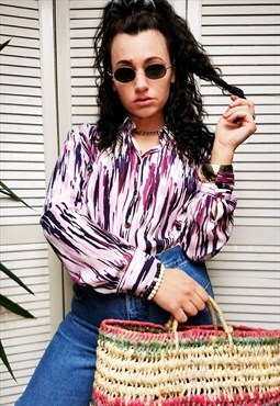 Vintage 80s pink striped print long sleeve blouse
