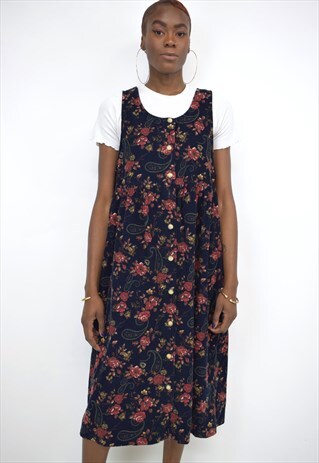 VINTAGE 90S BLACK RED CORDUROY FLORAL DRESS