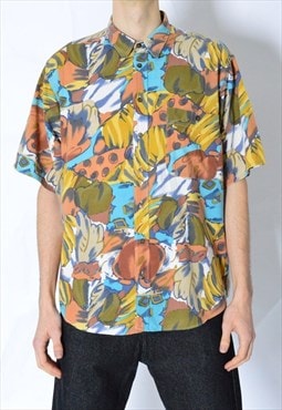Vintage 80s Green Colourful Abstract Flower Shirt